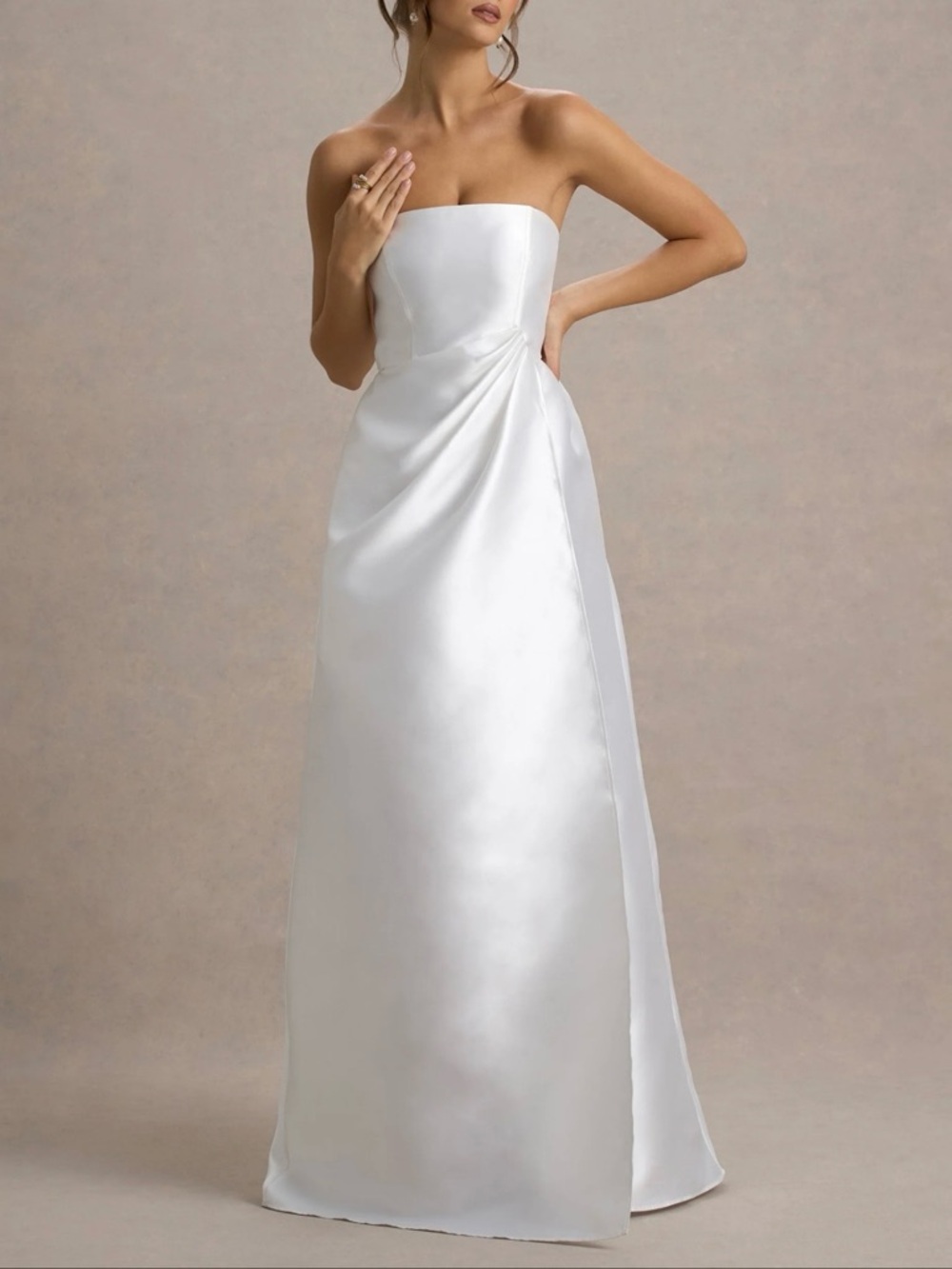White Bandeau Split Puff-Skirt Satin Maxi Dress Bridal Special Occasion Gown